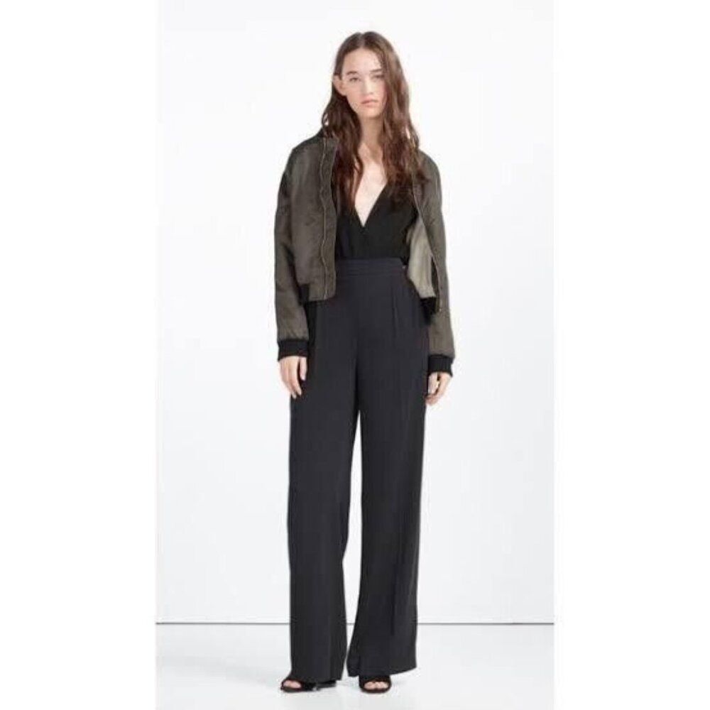 Zara Basic High Waisted Pleated Straight Leg Trouser Pants Size L Black